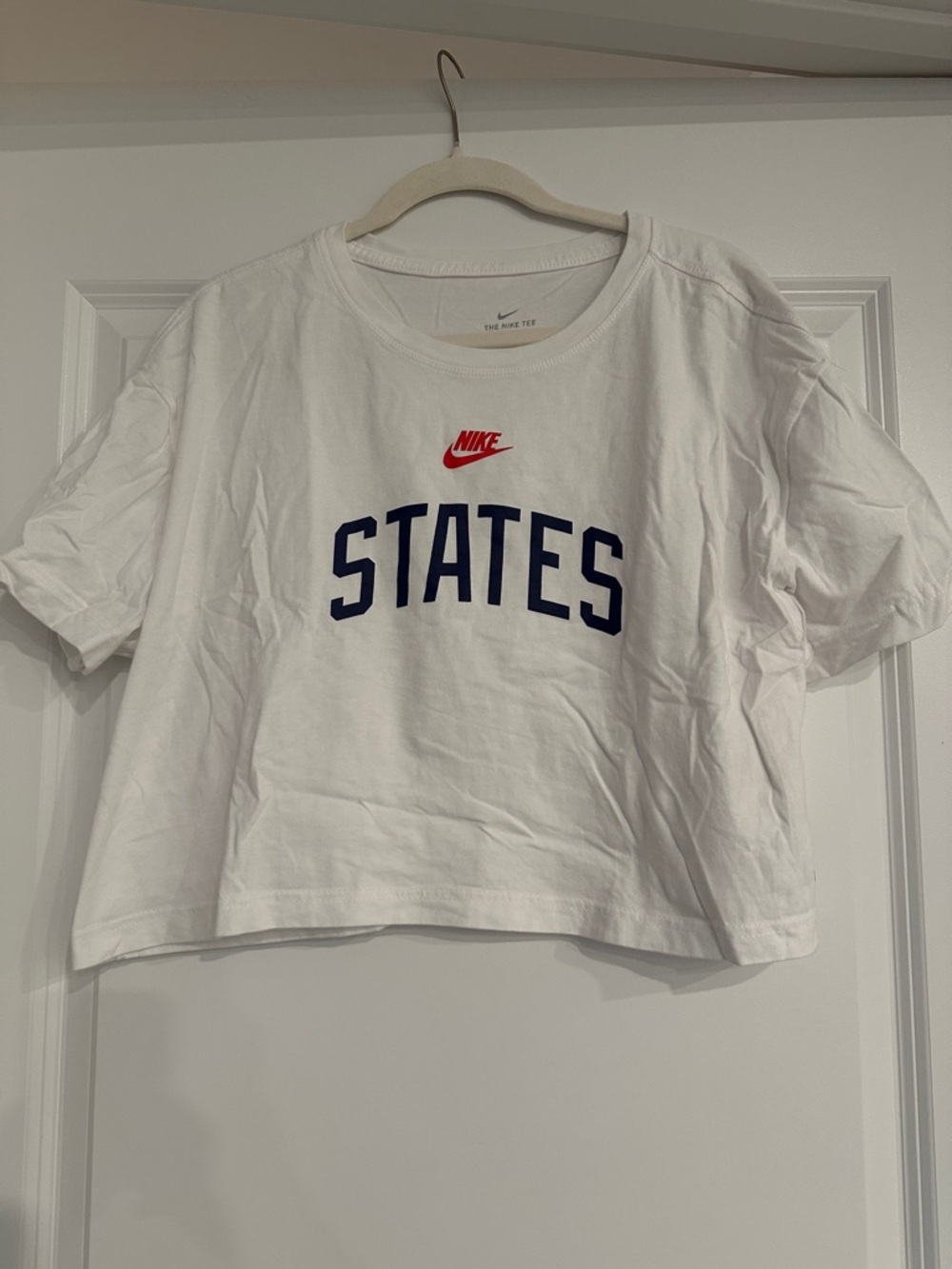 Nike White Crop Tee with Navy STATES and Red Swoosh